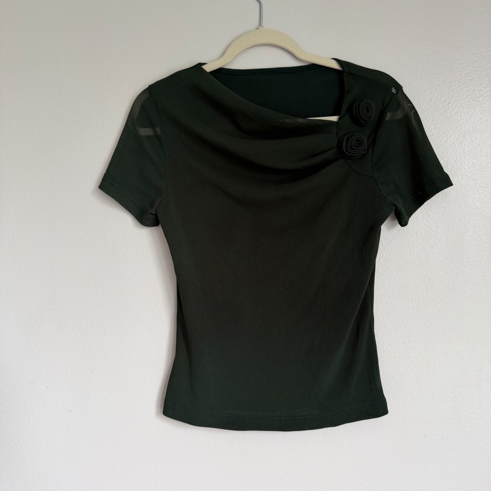 Y2K Sheer Dark Green Rosette‎ Draped Cowl Neck Mesh Sleeve Blouse XL